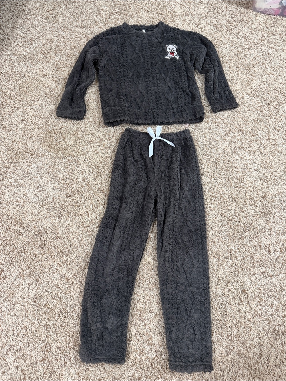Cozy Brown Fleece Pajama Set with Bear Patch